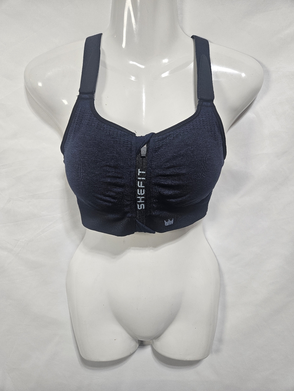 SHEFIT Luxe Zip Front Sports Bra High Impact Racerback Adjustable Navy